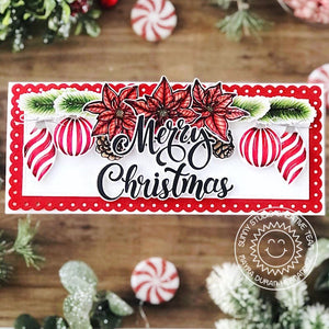 Sunny Studio Merry Christmas Poinsettia Red Scalloped Handmade Holiday Slimline Card (using Retro Ornaments 4x6 Clear Stamps)