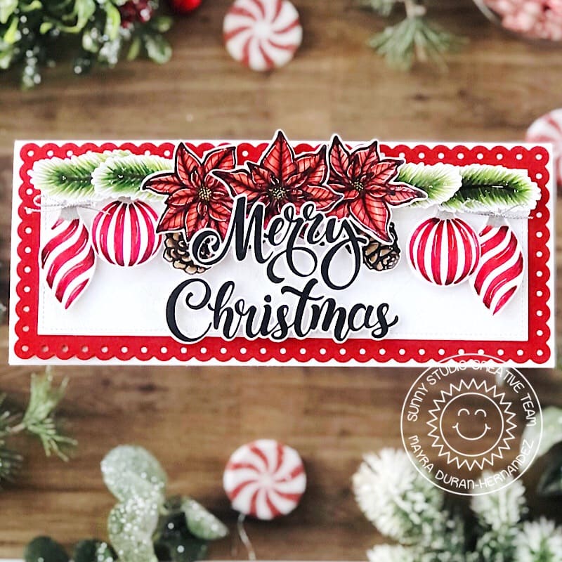 Sunny Studio Red & White Merry Christmas Poinsettias & Ornament Slimline Holiday Card using Classy Christmas Stamps