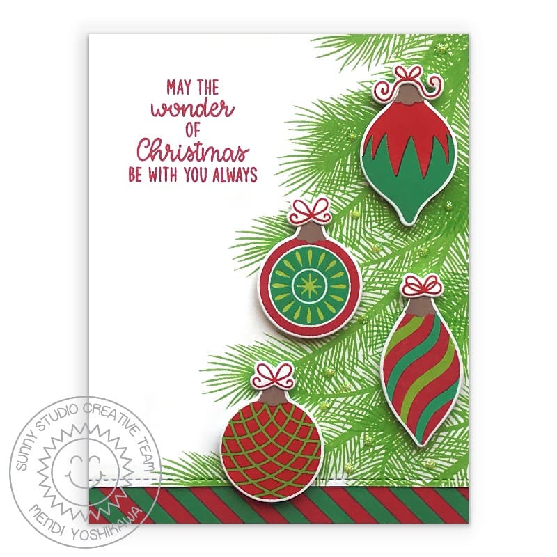 Sunny Studio Red & Green Hanging Christmas Ball Ornaments Card using Inside Greetings Holiday 4x6 Clear Photopolymer Stamps