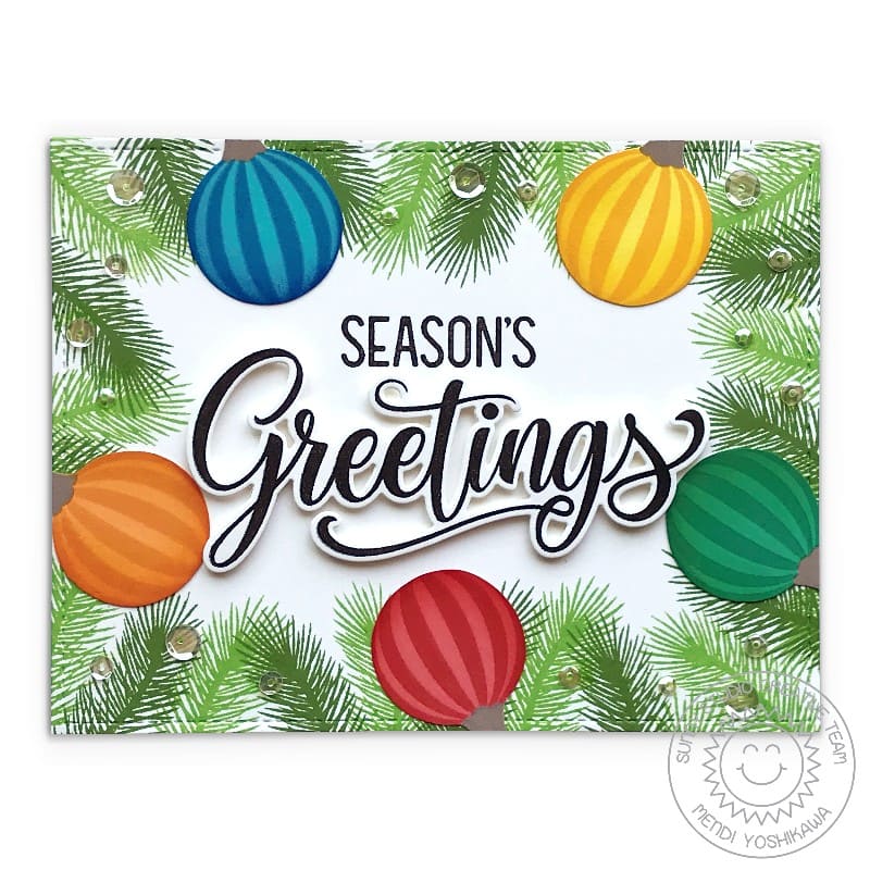 Sunny Studio Stamps Season's Greetings Rainbow Colored Vintage Ornament Glass Balls Handmade Holiday Christmas Card with Stitched A2 Mat (using Frilly Frames Quatrefoil Metal Cutting Dies)