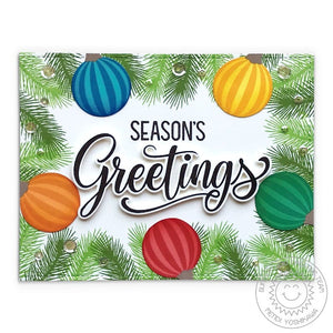 Sunny Studio Rainbow Christmas Baubles Balls Season's Greetings Holiday Card using Retro Ornaments Clear Photopolymer Stamps