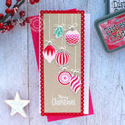 Sunny Studio Red Scalloped & Kraft Paper Merry Christmas Holiday Slimline Card using Retro Ornaments Clear Photopolymer Stamp