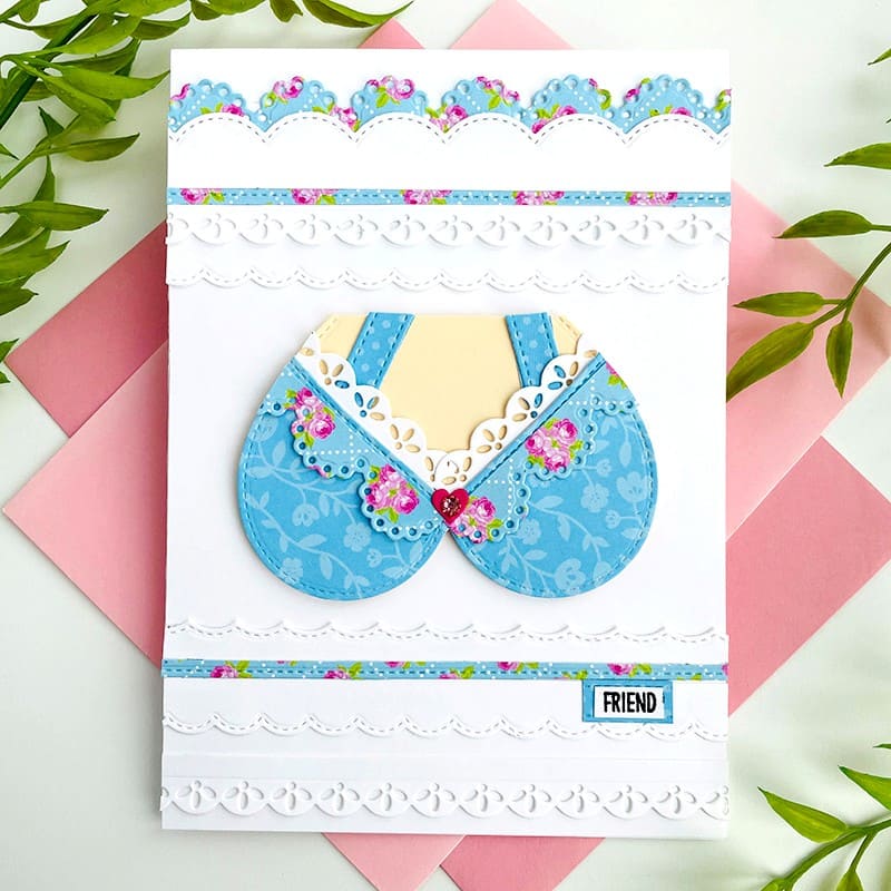 Sunny Studio Stamps Blue Floral Scalloped Bra Friendship Card (using Ribbon & Lace Border Metal Cutting Dies)