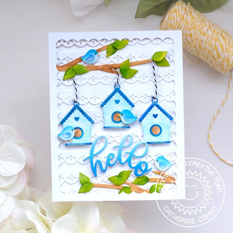 Sunny Studio Blue Birds with Birdhouses Hanging From Tree Branches Scalloped Card (using Slimline Ribbon & Lace Border Dies)