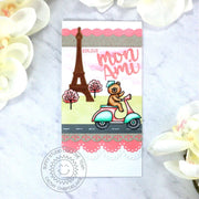 Sunny Studio Bonjour Mon Ami Bear Riding Scooter Past Eiffel Tower Slimline Card (using Paris Afternoon 4x6 Clear Stamps)