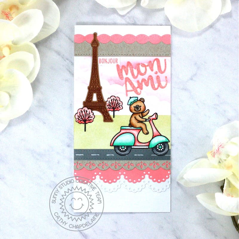 Sunny Studio Bonjour Mon Ami Bear Riding Scooter Past Eiffel Tower Slimline Card (using Paris Afternoon 4x6 Clear Stamps)