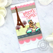 Sunny Studio Bonjour Mon Ami Bear Riding Scooter Paris Eiffel Tower Scalloped Card using Ribbon & Lace Border Cutting Dies