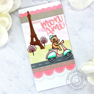 Sunny Studio Bonjour Mon Ami Bear Riding Scooter Past Paris Eiffel Tower Scalloped Card using Hayley Lowercase Alphabet Dies