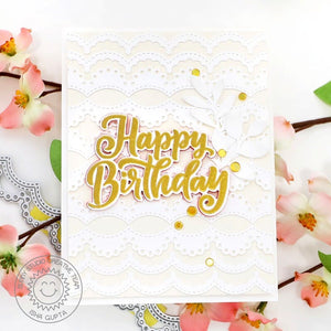 Sunny Studio Stamps Gold & White Scalloped Eyelet Lace Birthday Card (using Big Bold Greetings 4x6 Clear Sentiment Stamps)