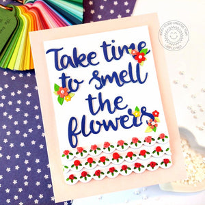 Sunny Studio Take Time To Smell the Flowers Scalloped Floral Card (using Slimline Ribbon & Lace Border Metal Cutting Dies)