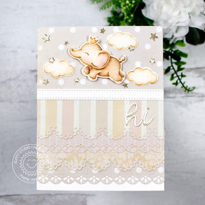 Sunny Studio Flying Elephant Prince in the Clouds Monochromatic Scalloped "Hi" Card using Slimline Ribbon & Lace Border Dies