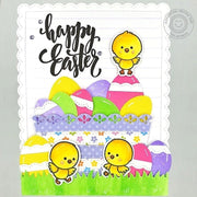 Sunny Studio Stamps Chicks with Easter Basket & Eggs Scalloped Card (using Ribbon & Lace Stitched Border Metal Cutting Dies)