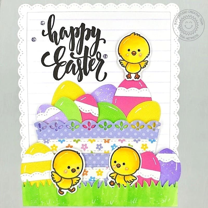 Sunny Studio Stamps Chicks with Easter Basket & Eggs Scalloped Card (using Ribbon & Lace Stitched Border Metal Cutting Dies)