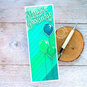 Sunny Studio Stamps Monochromatic Turquoise Balloons Slimline Birthday Card (using Ribbon & Lace Border Cutting Dies)