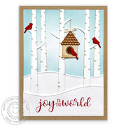 Sunny Studio Stamps "Joy To The World" Red Cardinal Birds with Birch Trees Christmas card (using Rustic Winter Metal Cutting Dies)