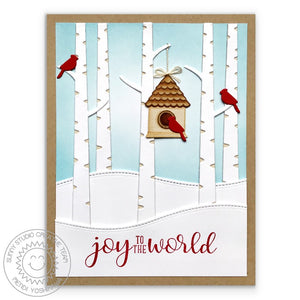 Sunny Studio Stamps Joy To The World Red Cardinal Bird with Birch Trees and Snow Drifts Handmade Holiday Christmas Card by Mendi (using stitched Woodland Hillside Border Dies)