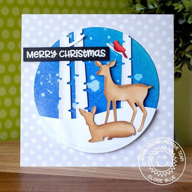 Sunny Studio Stamps Deer & Birch Trees Circular Window Christmas Holiday Card (using Rustic Winter Metal Cutting Dies)