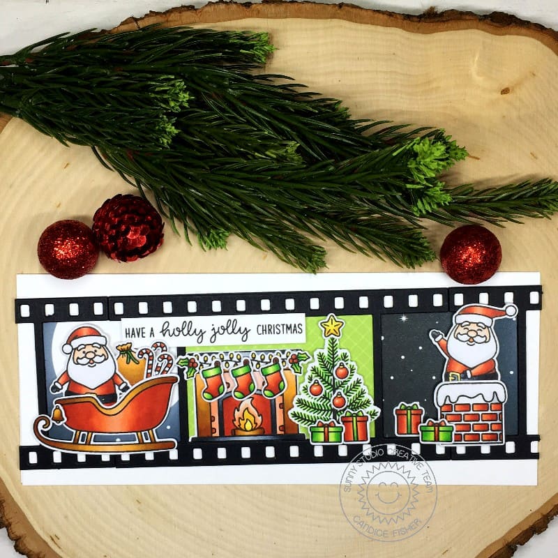 Sunny Studio Stamps Santa Claus Lane Santa Filmstrip with Sleigh, Chimney and Fireplace Scenes Winter Holiday Christmas Card
