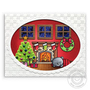 Sunny Studio Stamps Buffalo Plaid Gingham Embossed Christmas Card with Oval Window overlooking Night Before Christmas Scene Handmade Holiday Card (using 6x6 Embossing Folder)