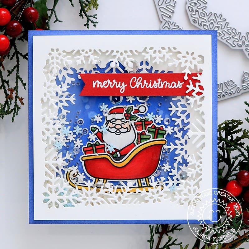 Sunny Studio Stamps Santa Claus Holiday Christmas Shaker Card using Layered Snowflake Frame Metal Cutting Dies