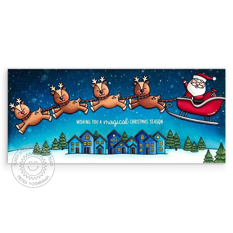 Sunny Studio Stamps Santa Claus Lane Reindeer with Sleigh flying through Starry Snowy Sky on Christmas Eve Holiday Card
