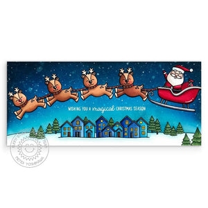 Sunny Studio Stamps Scenic Route Santa Claus with Reindeer Flying over Town Homes on Christmas Eve Slimline Holiday Cardmline Holiday Card
