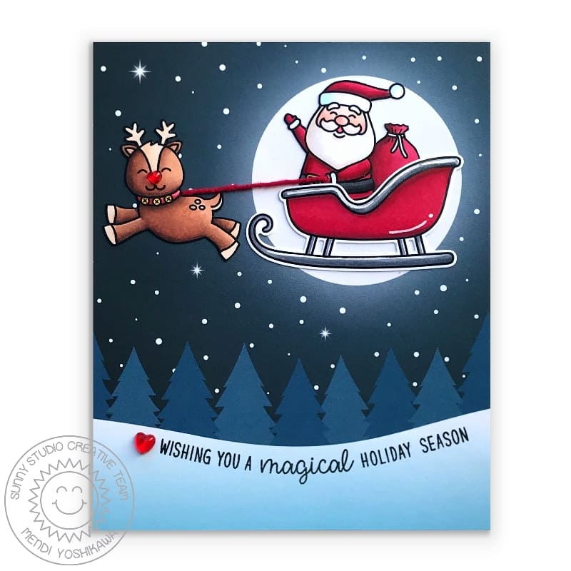 Sunny Studio Stamps Santa Claus Lane with Sleigh, Reindeer and Moonlight Sky Holiday Christmas Card