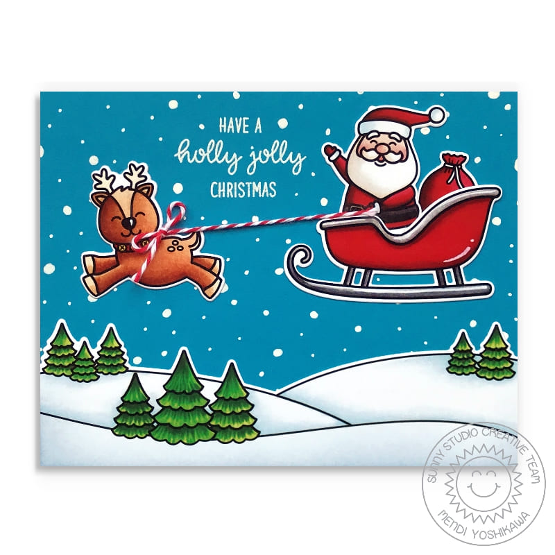 Sunny Studio Stamps Santa Claus Lane with Reindeer & Sleigh Flying over Snowy Hills & Fir Trees Holiday Christmas Card