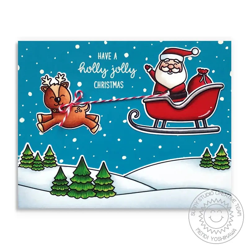Sunny Studio Santa Claus in Sleigh Holly Jolly Holiday Handmade Christmas Card using Gleeful Reindeer 4x6 Clear Stamps