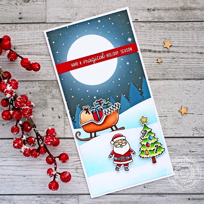 Sunny Studio Stamps Santa Claus Lane Moonlight Night Scene with Sleigh & Gifts Handmade Christmas Holiday Card by Vanessa