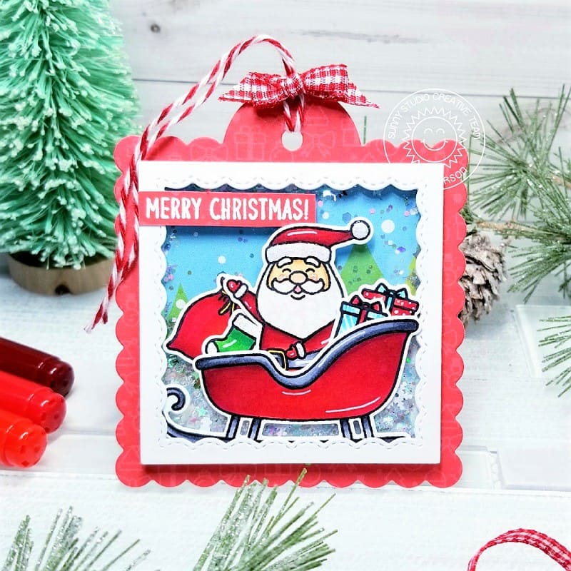 Sunny Studio Stamps Santa Claus Lane Santa with Sleigh and Bag of Toys Winter Holiday Christmas Shaker Gift Tag by Ana