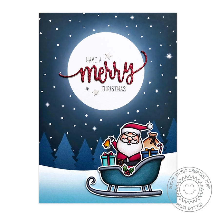 Sunny Studio Stamps Santa with glowing moon and starry night sky background Handmade Christmas Holiday Card by Anja (using Very Merry 6x6 Patterned Paper Pack)