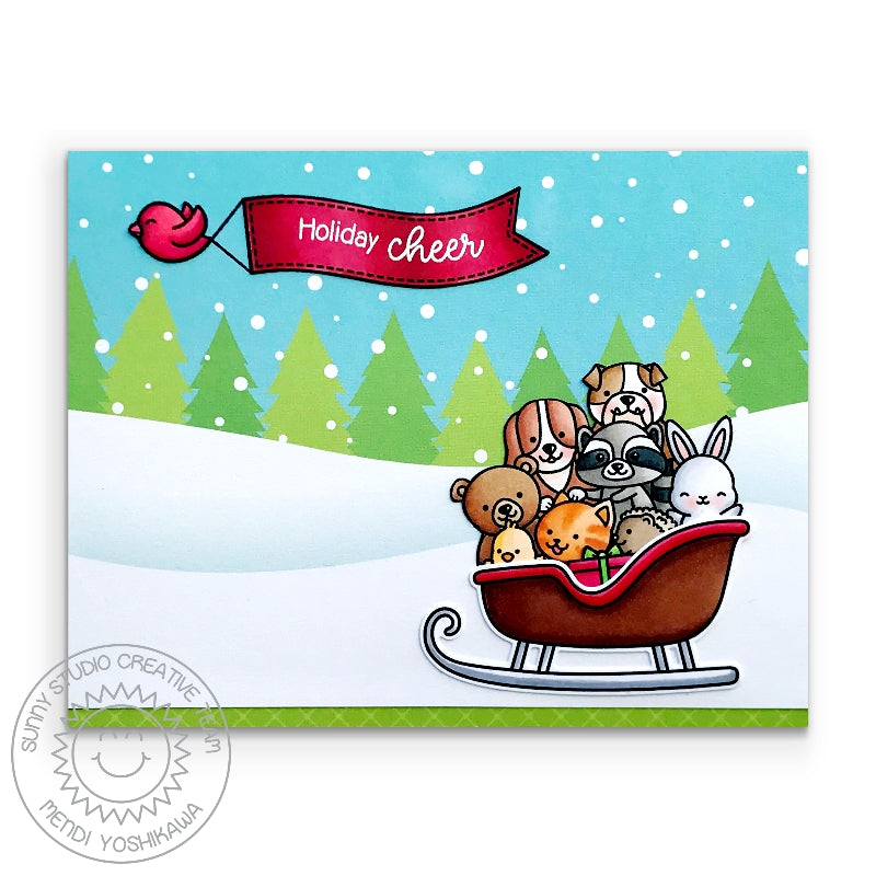 Sunny Studio Holiday Cheer Animal in Sleigh Handmade Christmas Card (using Cruising Critters Stamps)