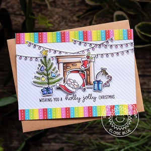 Sunny Studio Stamps Rainbow Striped Santa coming down Fireplace Chimney Handmade Christmas Holiday Card (using Very Merry 6x6 Patterned Paper Pack)