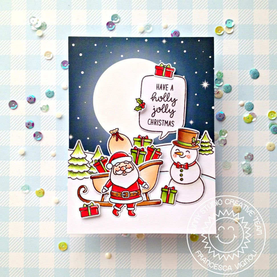 Sunny Studio Stamps Santa and Snowman Christmas Card (using snowy night's sky with glowing moon paper from Very Merry 6x6 Pad)
