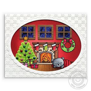 Sunny Studio Stamps Glowing Fireplace Christmas Home Scene Holiday Card with Santa and Sleigh (using Here Comes Santa Stamps)