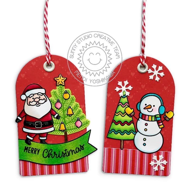 Sunny Studio Santa Claus & Snowman with Christmas Tree Holiday Gift Tags (using Feeling Frosty 4x6 Clear Stamps)