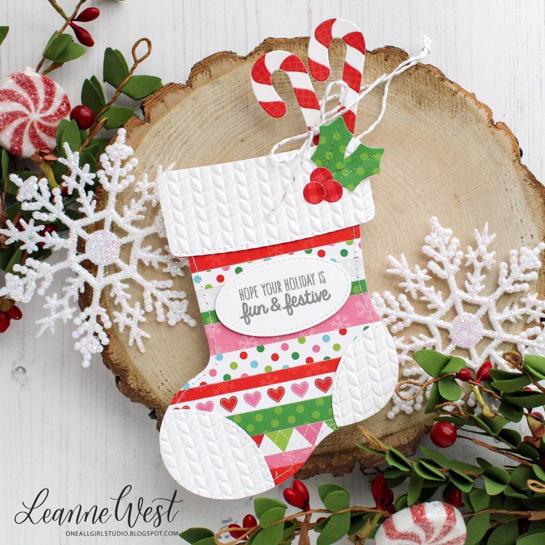 Sunny Studio Stamps Patchwork Christmas Stocking with Candy Canes Shaped Card (using Cable Knit 6x6 Embossing Folder)