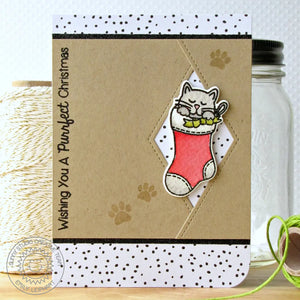 Sunny Studio Stamps Kitty Cat in Stocking Purrfect Christmas Punny Holiday Card (using Fishtail Banner Metal Cutting Dies)
