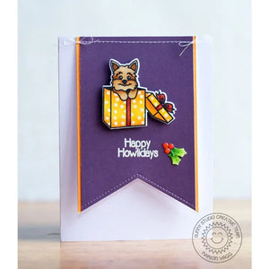 Sunny Studio Stamps Happy Howlidays Punny Puppy Dog in Gift Box Holiday Christmas Card (using Fishtail Banner Cutting Dies)