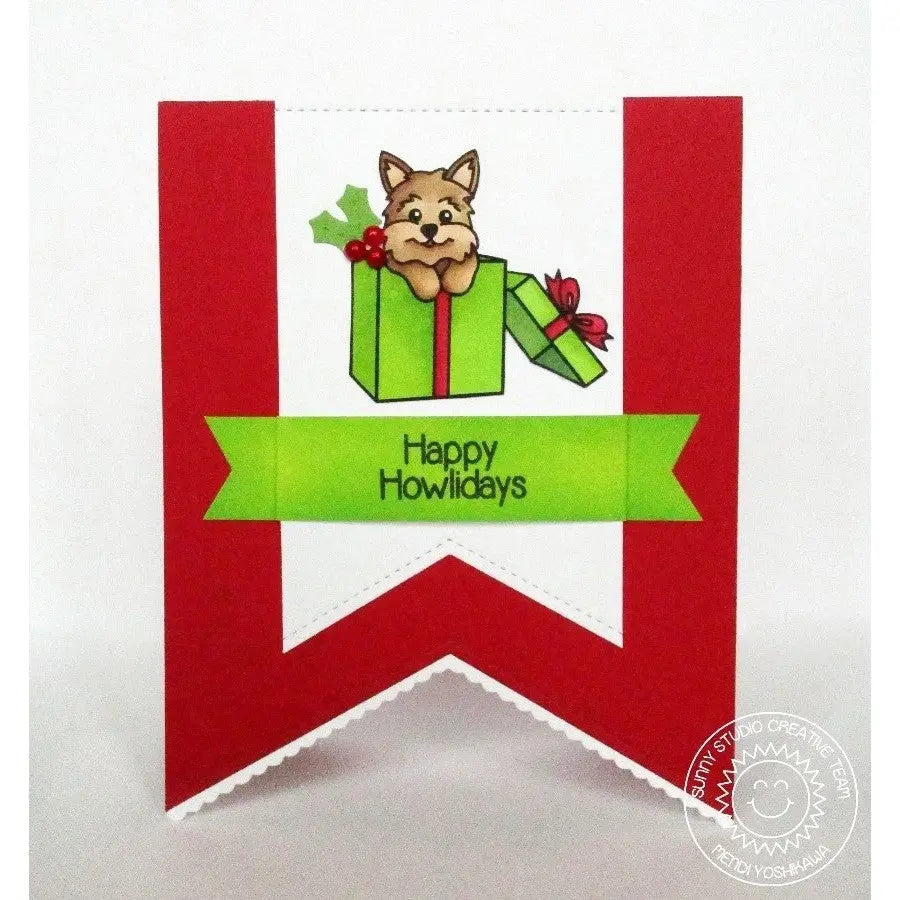 Sunny Studio Stamps Happy Howlidays Dog in Gift Box Holiday Christmas Card (using Fishtail Banner Metal Cutting Dies)
