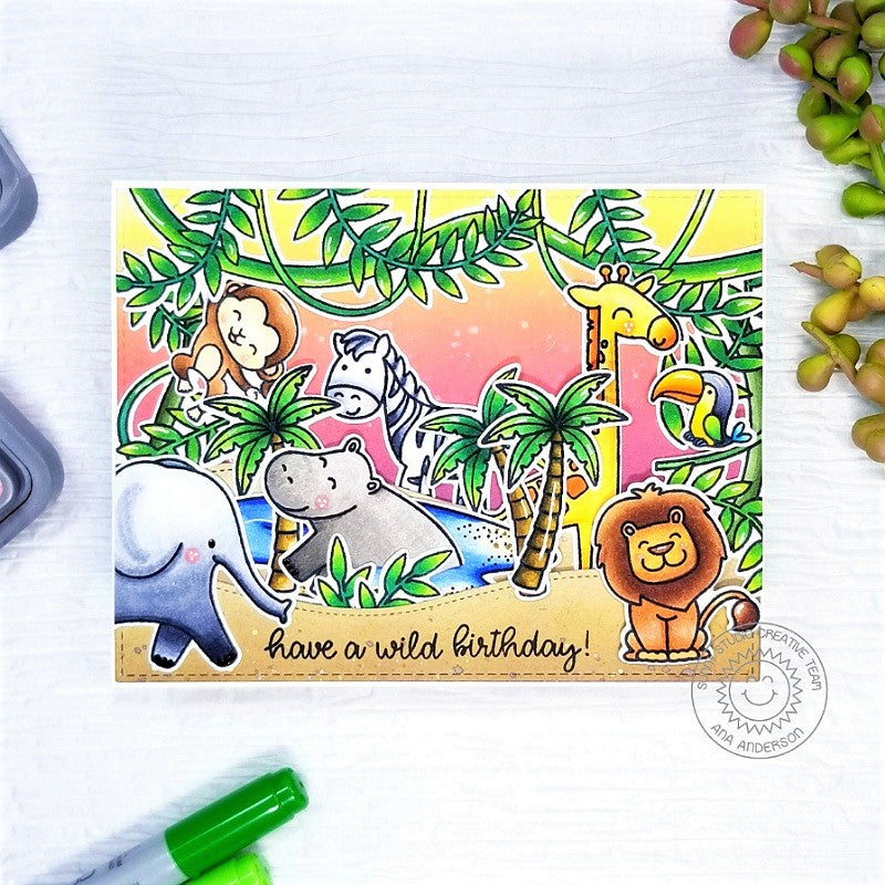 Sunny Studio Summer Safari Zoo Animal Card with hanging jungle vines & leaves using Tropical Scenes Clear Photopolymer Stamps