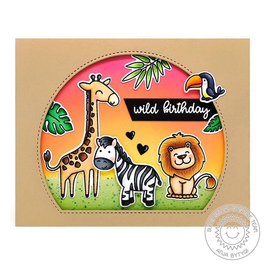 Sunny Studio Giraffe, Zebra & Lion Critters with Beautiful African Sunset Handmade Card using Savanna Safari 4x6 Clear Stamps