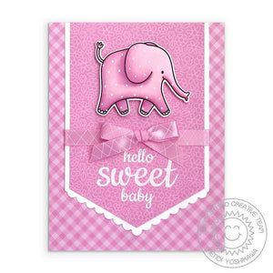 Sunny Studio Hello Sweet Baby Girl Pink Gingham Polka-dot Elephant Handmade Card using Savanna Safari 4x6 Clear Stamps