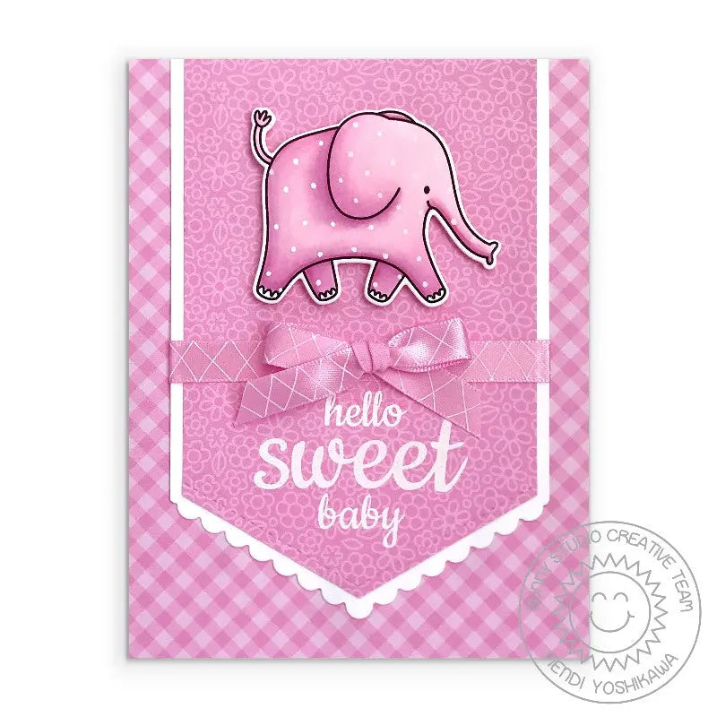 Sunny Studio Stamps Hello Sweet Baby Pink Gingham with Polka-dot Elephant Handmade Card (using Sweet Shoppe 4x6 Sentiment Greeting Themed Photopolymer Clear Stamp Set)