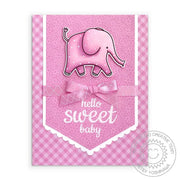 Sunny Studio Stamps Pink Polka-dot with Gingham Hello Sweet Baby Card with Scalloped Edge using Fishtail Banner II Craft Dies