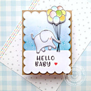 Sunny Studio Hello Baby Elephant Holding Bouquet of Balloons in Trunk Congrats Card using Savanna Safari 4x6 Clear Stamps