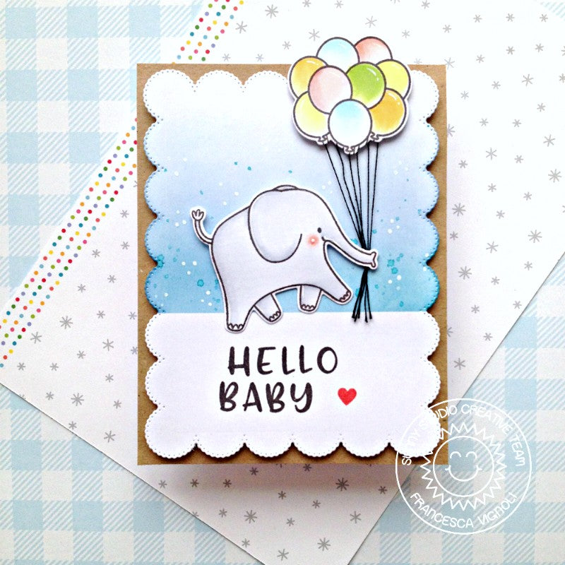 Sunny Studio Hello Baby Elephant Holding Balloon Bouquet in his trunk Card for New Babies using Floating By Mini Clear Stamps