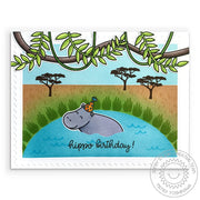 Sunny Studio Hippo Birthday Puns Punny Hippopotamus Card with Vines & Tree Branch using Tropical Scenes 4x6 Clear Stamps