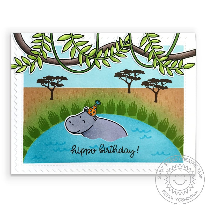 Sunny Studio Hippo Birthday Puns Punny Hippopotamus Card with Vines & Tree Branch using Tropical Scenes 4x6 Clear Stamps